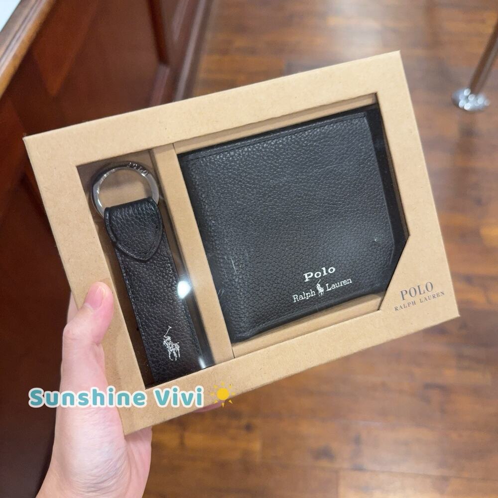 NWT Ralph Lauren Polo Men 3-IN-1 Leather Wallet & Key Fob Gift Set Black